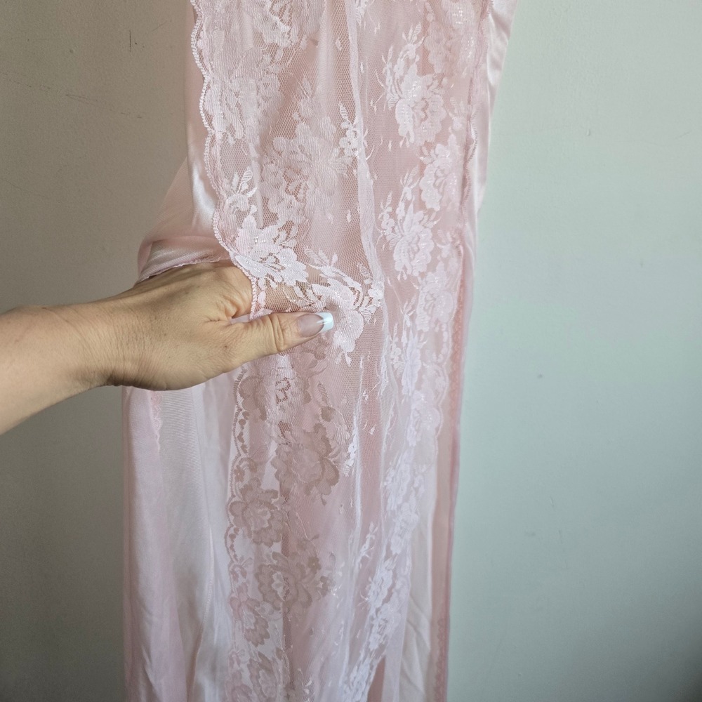 Vintage S Pink Maxi Nightgown Women Good Lace Mesh Spaghetti Strap Full Length - Picture 2 of 7